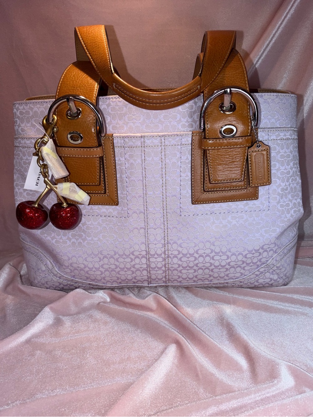 Authentic Vintage 2008 Coach Soho Tote In Lilac + Authentic Cherry Bag Charm